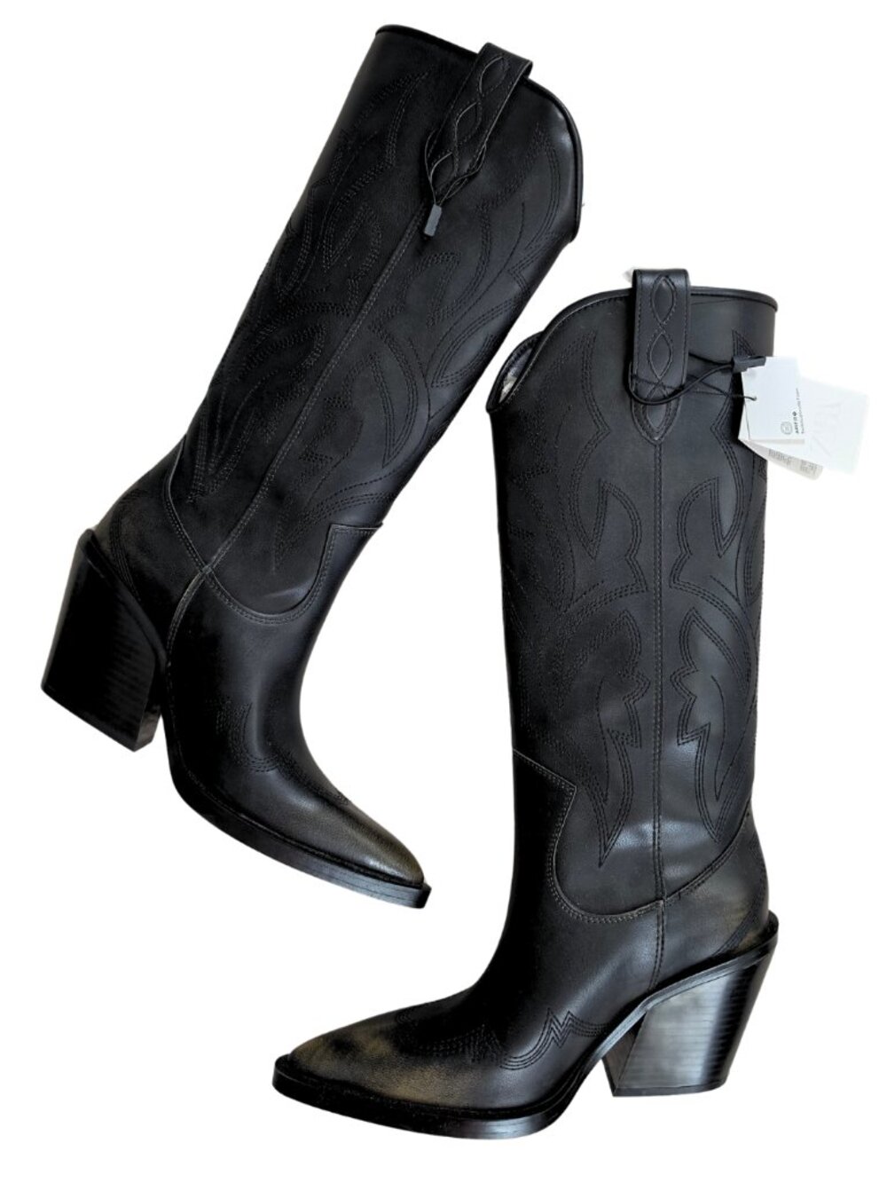 NWT ZARA Black Embroidered Western Cowboy Boots – Size 6.5 (US) / 37 (EU)